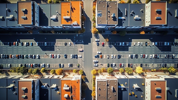 Photo aerial city view with crossroads and roads houses buildings parks and parking lots bridges helicopter drone shot wide panoramic image