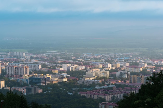 Aerial cityscape top view of YuzhnoSakhalinsk from Mount Bolshevik