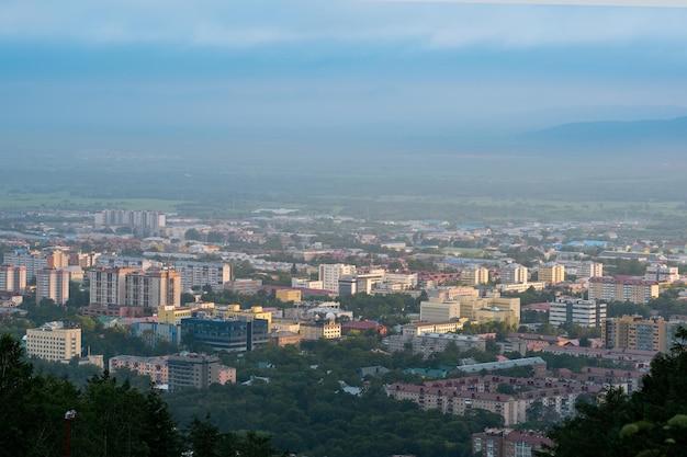 Aerial cityscape top view of YuzhnoSakhalinsk from Mount Bolshevik