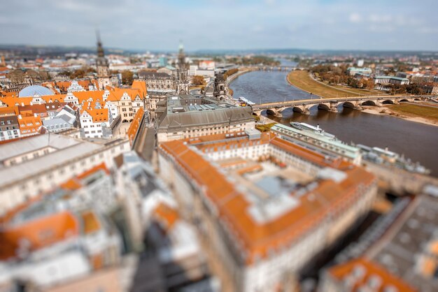 Aerial cityscape view on the old town of Dresden city in Germany. Tilt-shift image technic