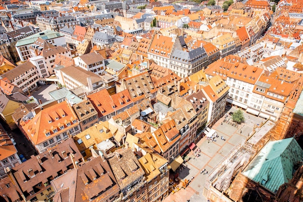 Aerial cityscape view on the old town of Strasbourg city in France