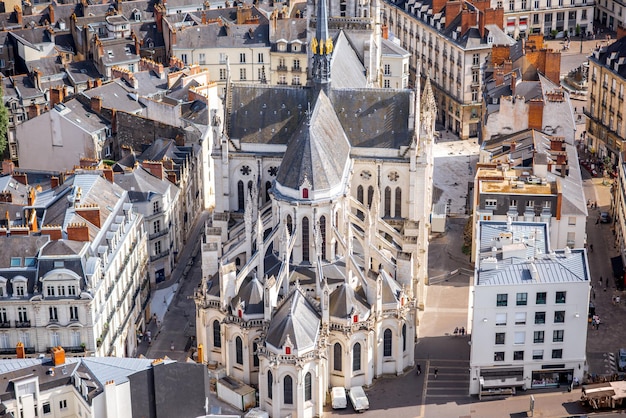 Aerial cityscape view on saint Similien cathedral in Nantes city during the sunny weather in France