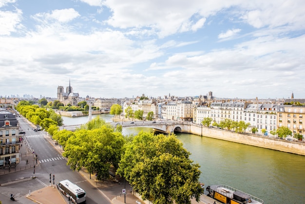 Aerial cityscape view with Notre Dame basilica in Paris