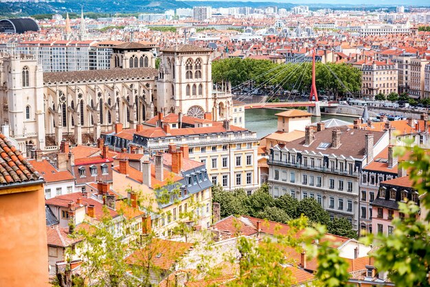 Aerial cityscape view with saint Johns cathedral and beautiful buildings in Lyon city