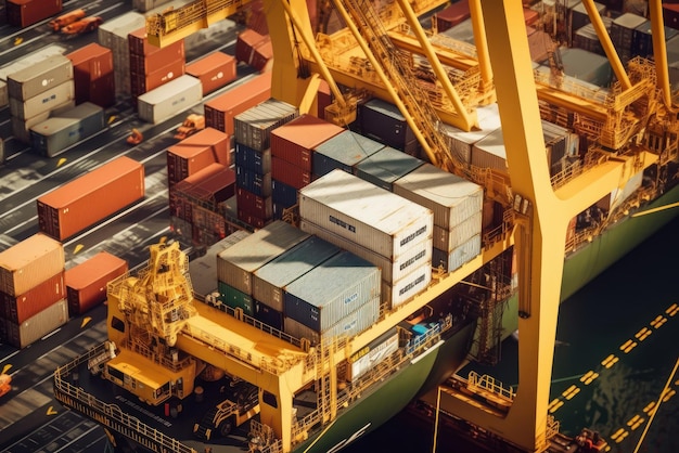 Photo aerial close up view of a cargo container ship at the pier of cargo seaport port cranes stack containers onboard a vessel global freight transportation and logistics concept 3d illustration