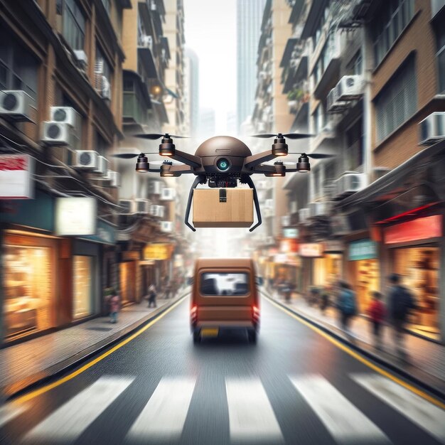 Aerial drone carrying package over an urban cityscape at sunset Urban technology commerce concept