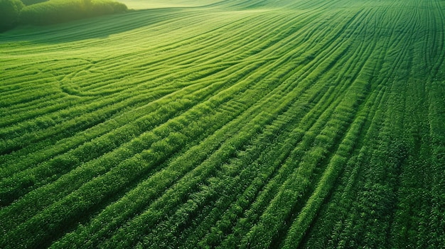 Aerial drone hectare groene velden die zich uitstrekken voor zonnig landschap schoonheid van de natuur