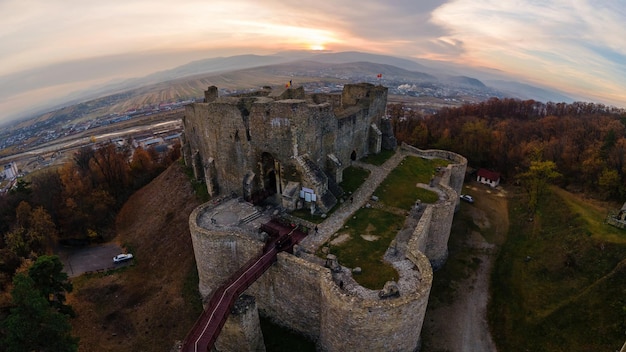 Aerial drone panoramic view of the Neamt Citadel in Targu Neamt, Romania