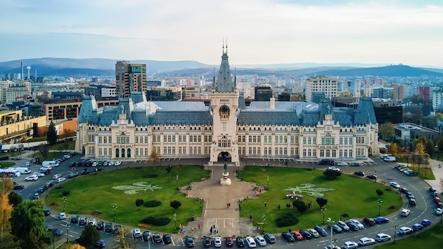 Aerial drone panoramic view of the Palace of Culture in Iasi Romania Square in front of it