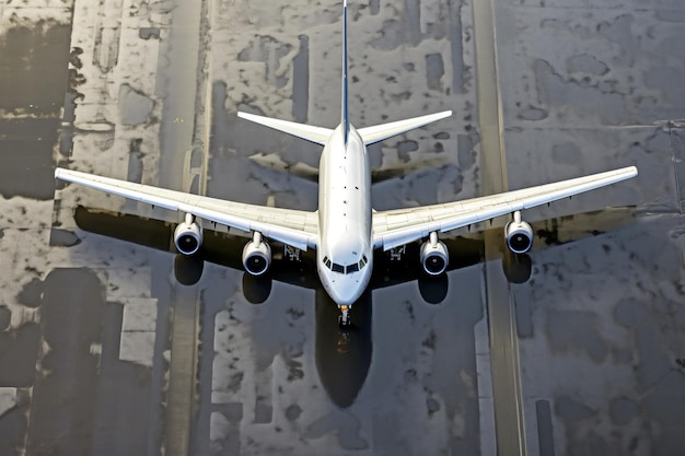 写真 空港にドッキングされている飛行機を上から見たドローン空撮写真