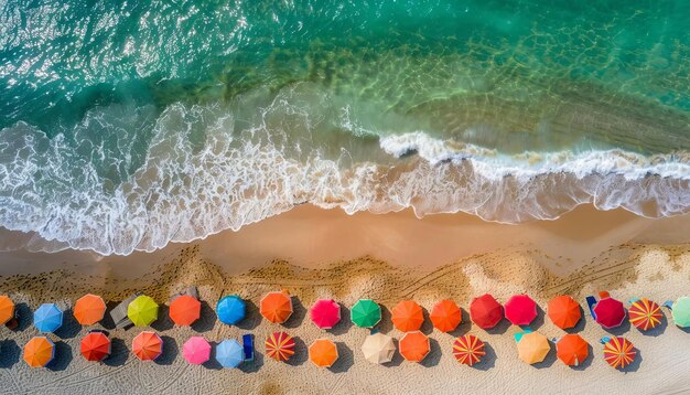 砂の上に波のようなパターンを生み出す海岸線に並ぶカラフルなビーチ傘の空中ドローン写真