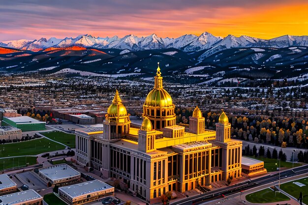 Aerial Drone Photograph Stunning golden sunset over the Colorado state capital building amp Rocky Mo