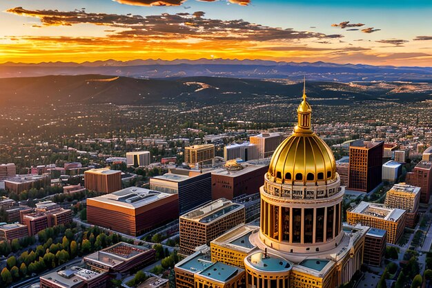 Aerial Drone Photograph Stunning golden sunset over the Colorado state capital building amp Rocky Mo