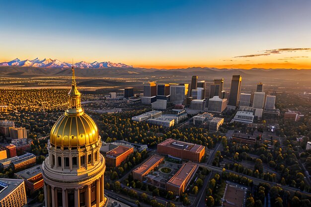 Aerial Drone Photograph Stunning golden sunset over the Colorado state capital building amp Rocky Mo