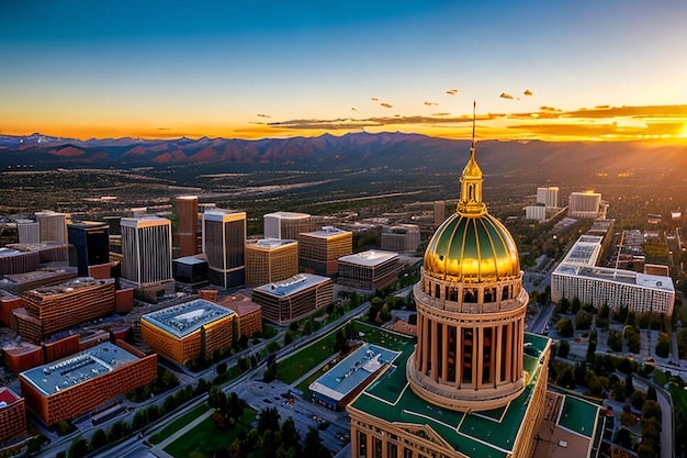 Aerial Drone Photograph Stunning golden sunset over the Colorado state capital building amp Rocky Mo