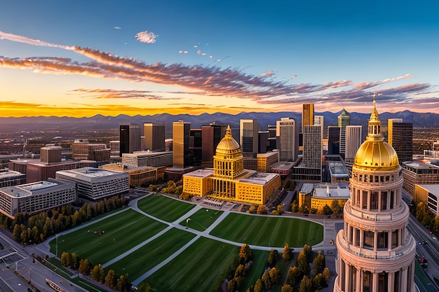 Aerial Drone Photograph Stunning golden sunset over the Colorado state capital building amp Rocky Mo