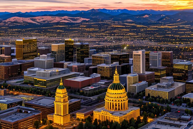 Aerial Drone Photograph Stunning golden sunset over the Colorado state capital building amp Rocky Mo