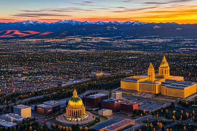 Aerial drone photograph stunning golden sunset over the colorado state capital building amp rocky mo