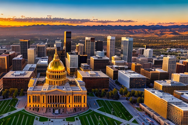 Aerial Drone Photograph Stunning golden sunset over the Colorado state capital building amp Rocky Mo