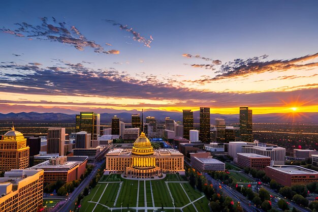 ドローン空撮写真 コロラド州の州都の建物に沈む見事な黄金色の夕日 amp Rocky Mo