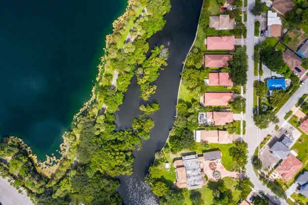 Aerial drone photoshoot of commercial area tropical vegetation blue sky and water canal