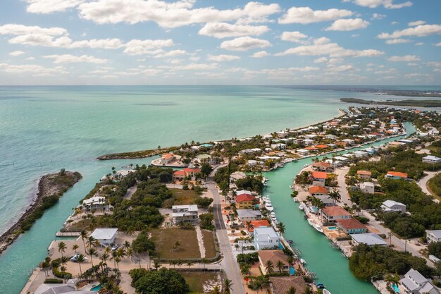 Aerial drone photoshoot in commercial areatropical vegetation around blue sky and water canal