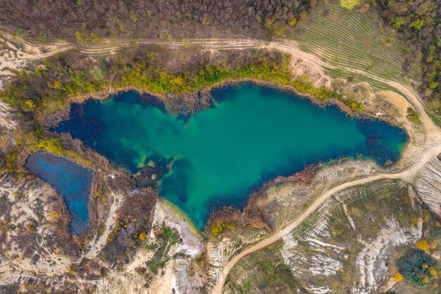 Aerial drone shot of a lake opencast mine