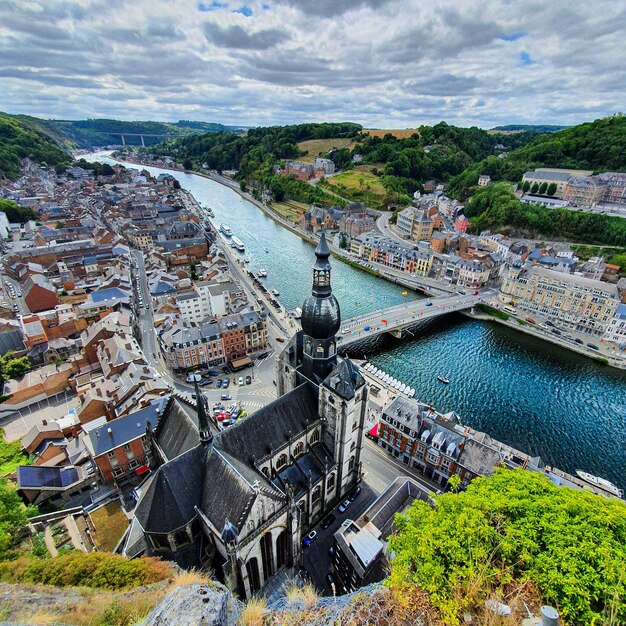 Aerial drone shot of the landmarks of Dinant, Belgium