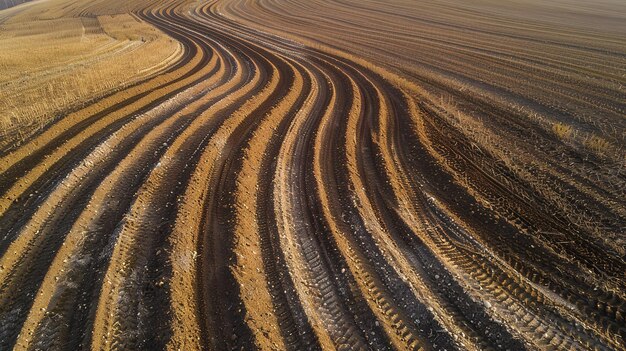 An aerial drone snapshot taken in the the new season depicting the tire tracks of an agrarian tractor in a shoveled field deep marks and space Generative AI