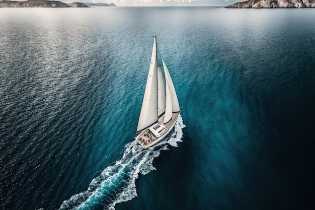 An aerial drone took this incredibly wide panorama photo of a lovely sailboat with white sails sailing in the Mediterranean