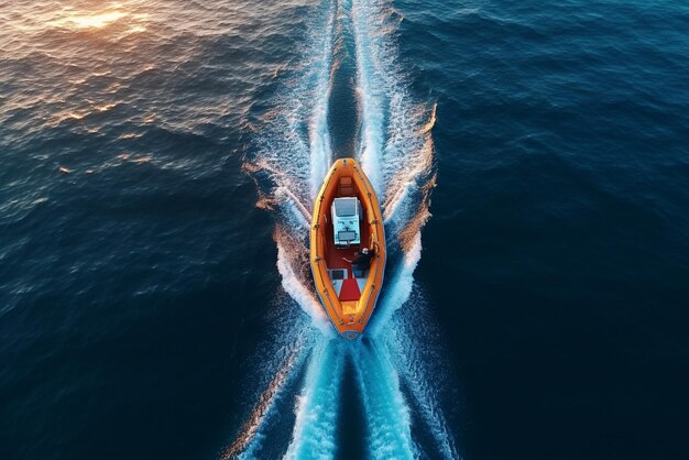 Воздушный дрон сверху вниз сверхширокая фотография надувной лодки, совершающей экстремальные маневры в средиземноморском заливе с глубоким голубым морем в сумерках