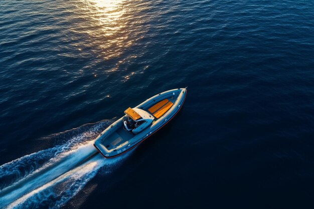 Aerial drone top down ultra wide photo of inflatable power rib boat making extreme manoeuvres in mediterranean bay with deep blue sea at dusk