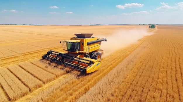 空中ドローン上面ビュー明るい夏や秋の日に黄金色の熟した小麦穀物畑を刈り取る大きな強力な産業用コンバインハーベスターマシン農業の黄色のフィールド機械の風景の背景