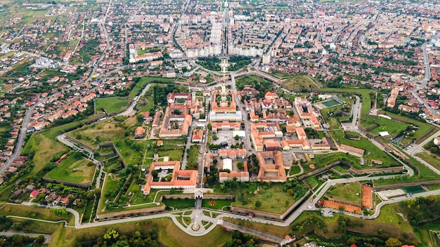 Aerial drone view of Alba Carolina Citadel in Alba-Iulia, Romania