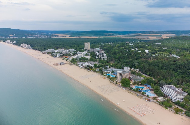 Aerial drone view of Albena empty sandy beach resort Bulgaria