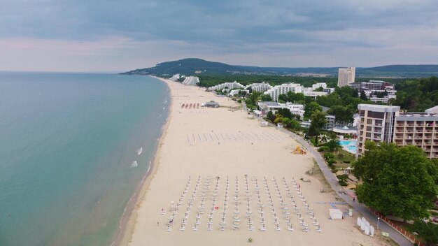 Aerial drone view of Albena empty sandy beach resort Bulgaria