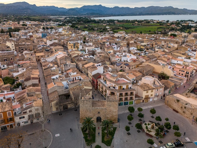 Aerial drone view of Alcudia in Mallorca Porta del Moll