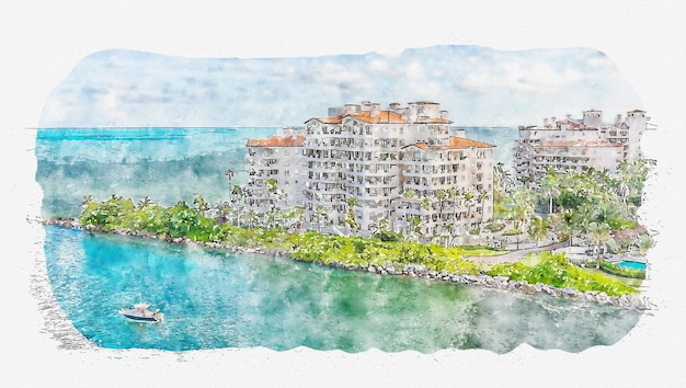 Aerial drone view of apartments in fisher island in miami digital watercolor drawing