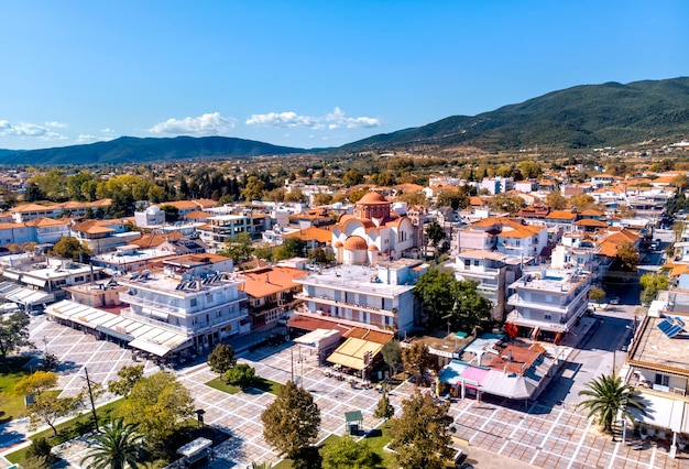 Aerial drone view of Asprovalta city main square in Halkidiki, Greece