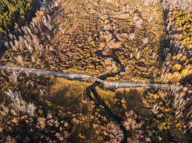 Aerial drone view of autumn landscape with river