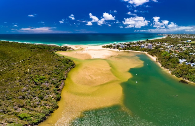 Aerial drone view of beach at Currimundi Lake Caloundra Sunshine Coast Queensland Australia