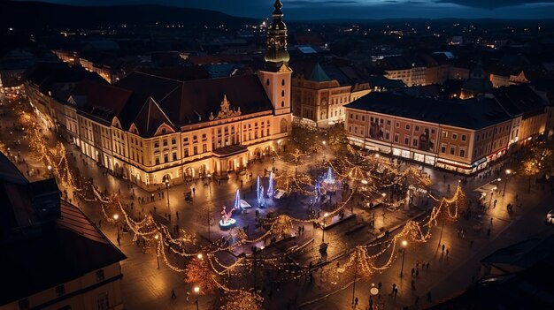 Aerial drone view of the big square in sibiu at night romania old city centre decorated Aigenerated