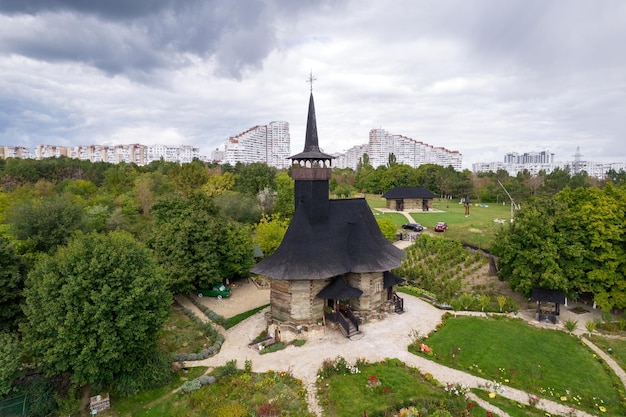 Aerial drone view of a church and City Gates in Chisinau Moldova