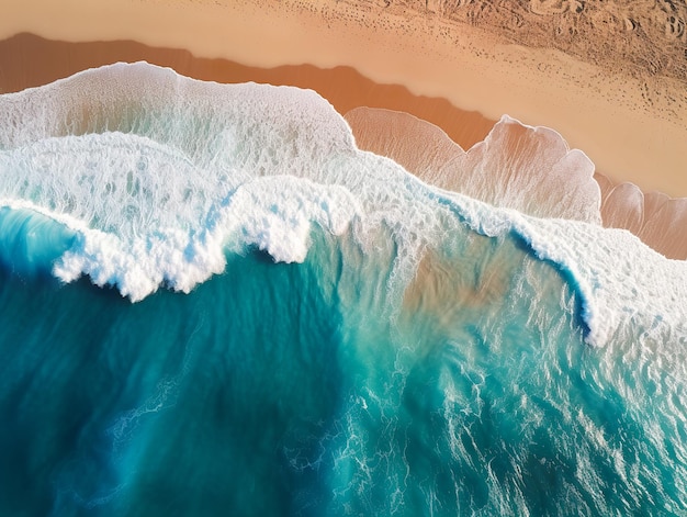 ターコイズブルーの海と柔らかい波が海岸線に届く砂漠のビーチをドローン空撮