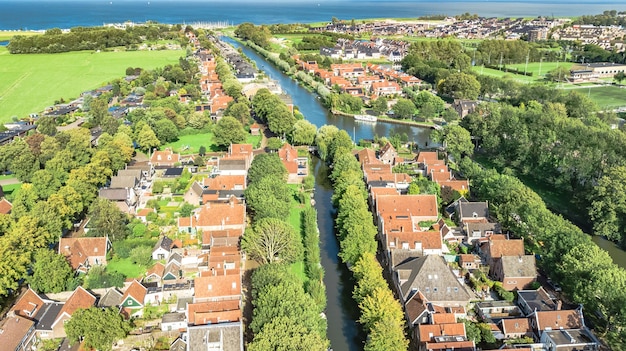 Aerial drone view of Edam town cityscape from above