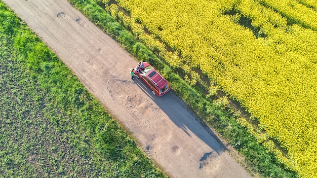 Aerial drone view of the family car in a yellow field