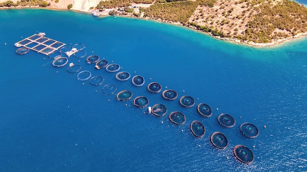 Photo aerial drone view of fish farms zakynthos, greece