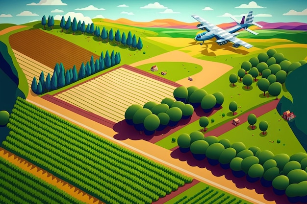 Воздушный беспилотный полет над различными засеянными сельскохозяйственными полями