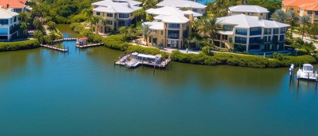 aerial drone view of homes featuring docks on blue bay waters surrounded by mangroves in bonita