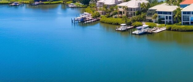 Aerial drone view of homes featuring docks on blue bay waters surrounded by mangroves in bonita